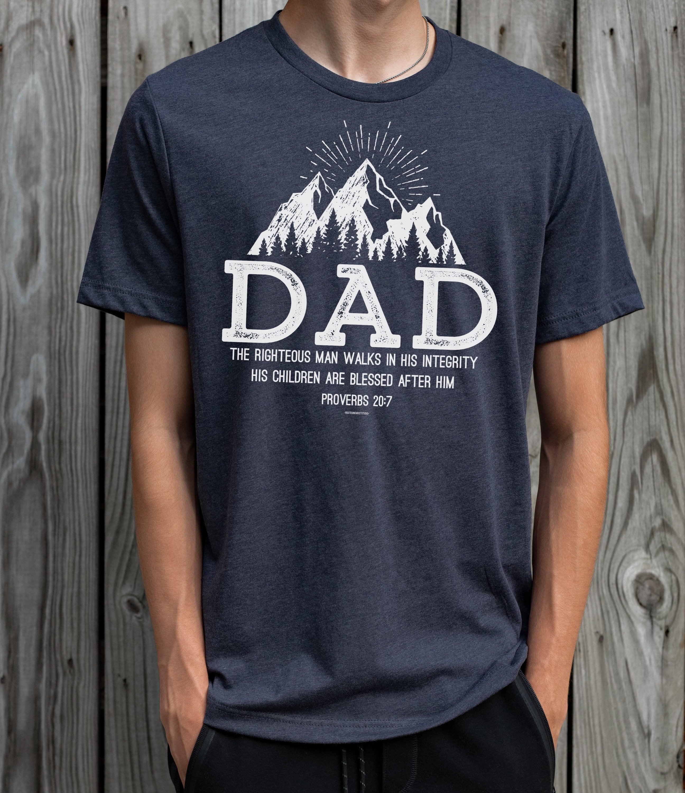 Christian Dad Shirt, Christian Father’s Day Gift, Proverbs 20:7 Shirt for Dad, Mountain Shirt, Dad Birthday Gift